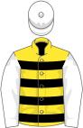 Yellow, dark blue hooped, white sleeves, white cap