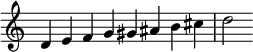  { \override Score.TimeSignature #'stencil = ##f \relative c' { \clef treble \key c \major \time 8/4 d4 e f g gis ais b cis d2 } } 