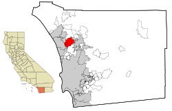 Location of San Marcos and unincorporated Lake San Marcos in San Diego County and the state of California