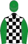 Black and white check, green sleeves and cap