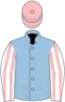 Light blue, white and pink striped sleeves, pink cap