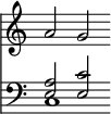 { \override Score.TimeSignature #'stencil = ##f \time 6/4 << { a'2 g' } \new Staff { \clef bass << { <a e>2 <c' e> } \\ { c1 } >> } >> }