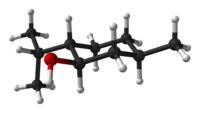 Ball-and-stick 3D model highlighting menthol's chair conformation