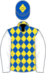 Royal blue and yellow diamonds, white sleeves, royal blue cap, yellow diamond