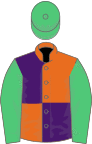 Orange and purple (quartered), emerald green sleeves and cap
