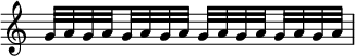  { \override Score.TimeSignature #'stencil = ##f \relative c'' { \time 2/4 g32[ a g \set stemRightBeamCount = #1 a \set stemLeftBeamCount = #1 g a g a] g32[ a g \set stemRightBeamCount = #1 a \set stemLeftBeamCount = #1 g a g a] } } 