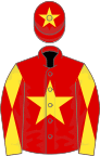 Red, yellow star, yellow and red diabolo on sleeves, red cap, yellow star