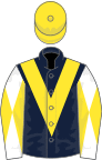 Dark blue, yellow chevron, white and yellow diabolo on sleeves, yellow cap