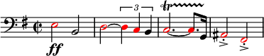  \relative c{ \set Staff.midiInstrument = #"tuba" \set Score.tempoHideNote = ##t \tempo 4 = 130 \clef bass \key g \major \time 2/2 \once \override NoteHead.color = #red e2 \ff b \override NoteHead.color = #red d~ \times 2/3 { d4 c \override NoteHead.color = #black b } \override NoteHead.color = #red c2.~\startTrillSpan c8. \override NoteHead.color = #black g16\stopTrillSpan \override NoteHead.color = #red ais2\accent\staccato fis\accent\staccato } 