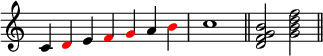  { \override Score.TimeSignature #'stencil = ##f \relative c' { \clef treble \time 7/4 c4 \once \override NoteHead.color = #red d e \once \override NoteHead.color = #red f \once \override NoteHead.color = #red g a \once \override NoteHead.color = #red b \time 4/4 c1 \bar "||" \time 4/4 <d, f g b>2 <g b d f> \bar "||" } } 