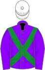 Violet, green cross-belts, white cap