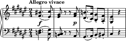  { \new PianoStaff << \new Staff << \relative c' { \tempo "Allegro vivace" \clef treble \key fis \major \time 2/4 \override DynamicLineSpanner.staff-padding = #2.8 <fis bis>4.(\f <eis cis'>8) <eis gis> r r <fis ais>\p <dis b'!>8.( <cis ais'>16) <b gis'>8-. <ais fis'>-. <gis eis'>4 r } >> \new Staff << \relative c { \clef bass \key fis \major \time 2/4 <d fis>4.( <cis gis'>8) <b! cis> r r ais gis8.( ais16) b8-. bis-. cis4 r } >> >> } 