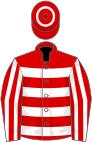 Red, white hoops, striped sleeves, hoop on cap
