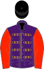 Purple, gold braid, scarlet sleeves, black velvet cap, gold fringe