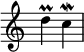  { \override Score.TimeSignature #'stencil = ##f \relative c'' { \time 2/4 d\prall c\mordent } } 