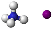 ball-and-stick model of an ammonium cation (left) and an iodide anion (right)