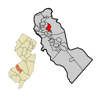 Haddonfield highlighted in Camden County. Inset: Location of Camden County highlighted in the State of New Jersey.
