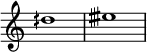  { \override Score.TimeSignature #'stencil = ##f \relative c'' { \clef treble \key c \major \time 4/4 \hide Staff.TimeSignature dih1 eisih } } 