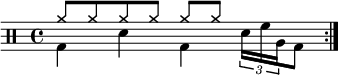  \new Staff << \new voice \relative c' { \clef percussion \time 4/4 \set Score.tempoHideNote = ##t \tempo 4 = 100 \stemDown \repeat volta 2 { g4 d' g, \tuplet 3/2 { d'16 f a, } g8 } } \new voice \relative c'' { \override NoteHead.style = #'cross \stemUp \repeat volta 2 { a8 a a a a a s s } } >> 