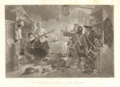Scene of Nancy Morgan Hart on the left with musket raised and child hiding behind her skirts, and behind; on the right two Loyalist soldiers are lying on the floor, and three are raising their hands defensively in alarm.