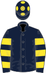 Dark blue, yellow hooped sleeves and spots on cap