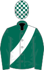 Dark green, white sash, check cap