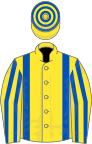 Yellow, royal blue braces, striped sleeves, hooped cap