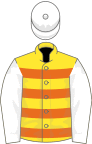 Yellow and orange hoops, white sleeves and cap