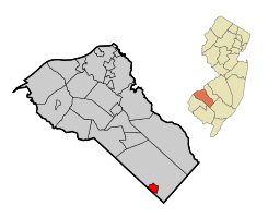 Map of Newfield highlighted within Gloucester County. Inset: Location of Gloucester County in New Jersey.