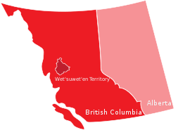 Map of British Columbia and Alberta with traditional Wetʼsuwetʼen territory in north central British Columbia highlighted and labelled "Wetʼsuwetʼen Territory".