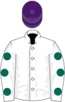 White, dark green spots on sleeves, purple cap
