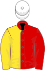 Red and yellow (halved), white cap