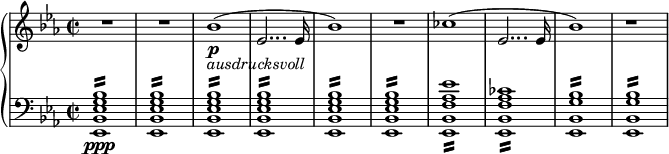  { \new PianoStaff << \new Staff \relative bes' { \set Staff.midiInstrument = #"piano" \key es \major \clef treble \time 2/2 \set Score.tempoHideNote = ##t \tempo 2 = 60 R1*2 | % 3 bes1 \p _\markup{ \italic{ ausdrucksvoll} } ( | % 4 es,2... es16 | % 5 bes'1 ) | % 6 R1 | % 7 ces1 ( | % 8 es,2... es16 | % 9 bes'1 ) r1 } \new Staff \relative es, { \set Staff.midiInstrument = #"piano" \key es \major \clef bass \time 2/2 <es bes' es g bes>1 \ppp :16 | % 2 <es bes' es g bes>1 :16 | % 3 <es bes' es g bes>1 :16 | % 4 <es bes' es g bes>1 :16 | % 5 <es bes' es g bes>1 :16 | % 6 <es bes' es g bes>1 :16 | % 7 <es bes' f' as es'>1 :16 | % 8 <es bes' f' as ces>1 :16 | % 9 <es bes' g' bes>1 :16 | <es bes' g' bes>1 :16 } >> } 