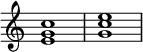 { \override Score.TimeSignature #'stencil = ##f \relative c' { \clef treble \time 4/4 \key c \major <e g c>1 <g c e> } }
