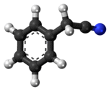 Ball-and-stick model of the benzyl cyanide molecule