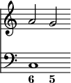 { \override Score.TimeSignature #'stencil = ##f \time 6/4 << { a'2 g' } \new Staff { \clef bass { c1 } } \figures { < 6 >2 < 5 > } >> }