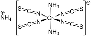 Structural formulas of the ammonium cation and the tetrathiocyanato-diamminechromate(III) anion
