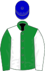 White and green (halved), reversed sleeves, blue cap