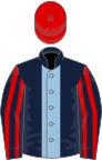 Dark blue, light blue stripe, dark blue and red striped sleeves, red cap