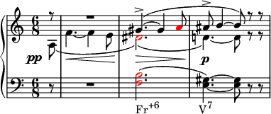  { \new PianoStaff << \new Staff << \new Voice \relative c'' { \clef treble \key a \minor \time 6/8 \voiceOne \partial8 r8 R2. gis4.->(~ gis4 \once \override NoteHead.color = #red a8 ais8-> b4~ b8) r r } \new Voice \relative c' { \override DynamicLineSpanner.staff-padding = #4.5 \once \override DynamicText.X-offset = #-5 \voiceTwo \partial8 a\pp( f'4.~\< f4 e8 \once \override NoteHead.color = #red dis2.)(\> d!4.)~\p d8 r r } >> \new Staff << \relative c { \clef bass \key a \minor \time 6/8 \partial8 r8 R2. \once \override NoteHead.color = #red <f b>2.(_\markup { \concat { "Fr" \raise #1 \small "+6" \hspace #8 "V" \raise #1 \small "7" } } <e gis>4.)~ <e gis>8 r r } >> >> } 