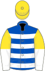 Royal blue, white hoops, yellow and white halved sleeves, yellow cap