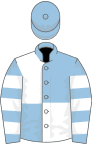 Light blue and white (quartered), hooped sleeves, light blue cap