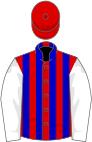 Red and blue stripes, white sleeves, red cap