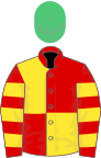 Red and yellow (quartered), hooped sleeves, emerald green cap