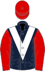 Dark blue, white chevron, red sleeves and cap