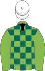 Light and dark green check, light green sleeves, white cap