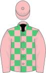 Pink and emerald green check, pink sleeves and cap
