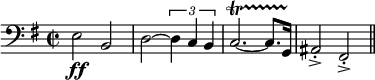  \relative c{ \set Staff.midiInstrument = #"tuba" \set Score.tempoHideNote = ##t \tempo 4 = 130 \clef bass \key g \major \time 2/2 e2 \ff b d~ \times 2/3 { d4 c b } c2.~\startTrillSpan c8. g16\stopTrillSpan ais2\accent\staccato fis\accent\staccato \bar "||" } 