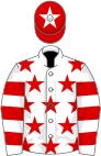 White, red stars, hooped sleeves, red cap, white star