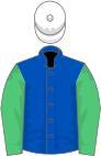Royal blue, emerald green sleeves, white cap